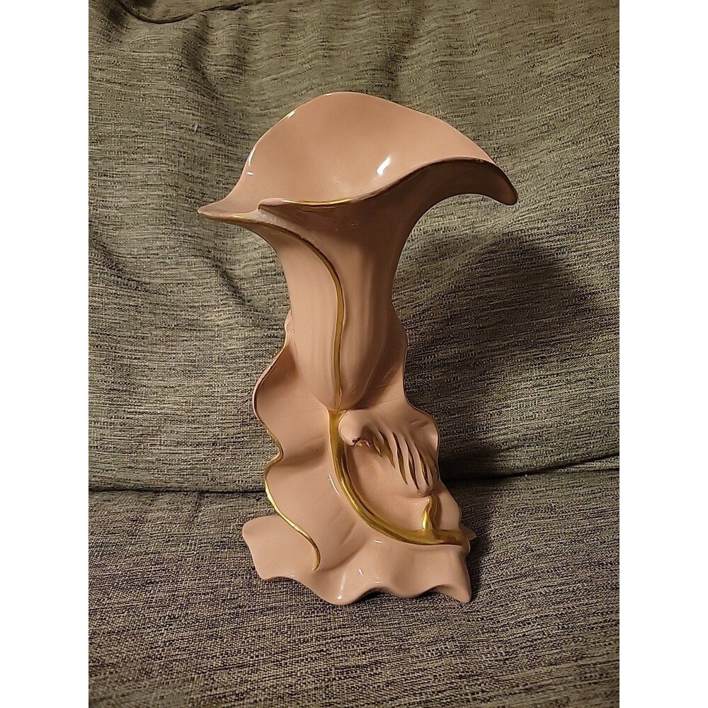 Vintage Pink Calla Lily 9-inch Ceramic Vase with Gold Accents - Mid-Century MCM